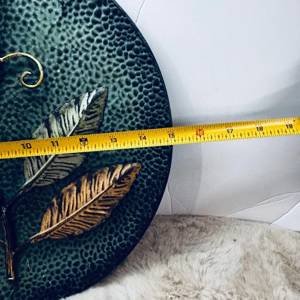Round Metal Wall Art Plate Birds Calla‎ Lily Leaves Textured Green Gold Rustic